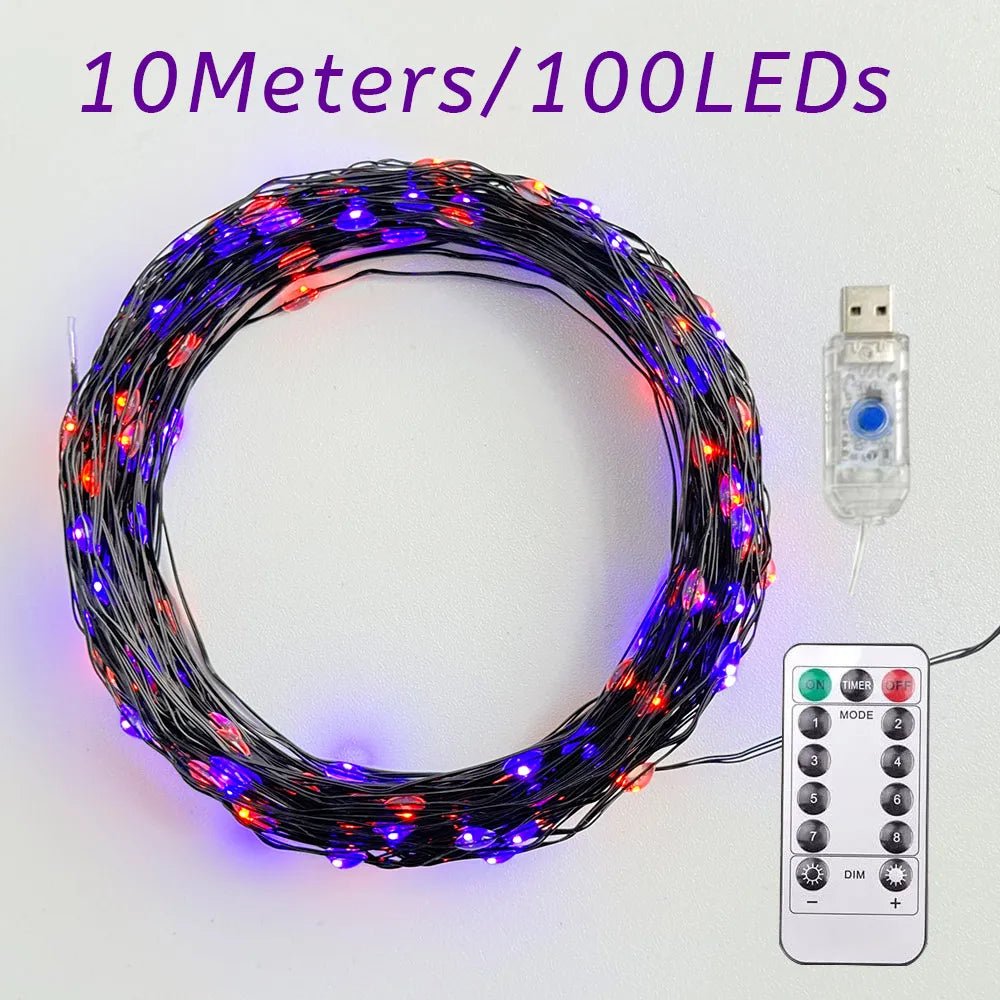10/20M LED Orange Purple Halloween Garland Outdoor Garden Decoration USB 8 Modes Lighting Black Wire for Halloween Decorations - drollido
