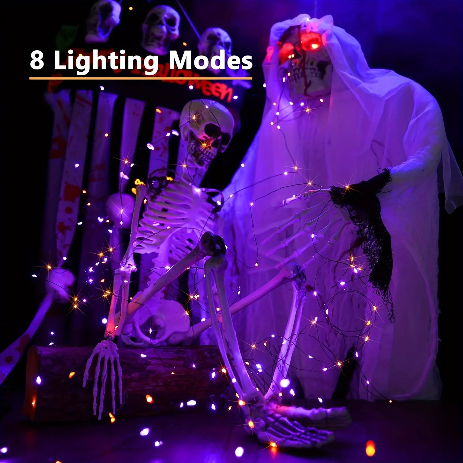 10/20M LED Orange Purple Halloween Garland Outdoor Garden Decoration USB 8 Modes Lighting Black Wire for Halloween Decorations - drollido