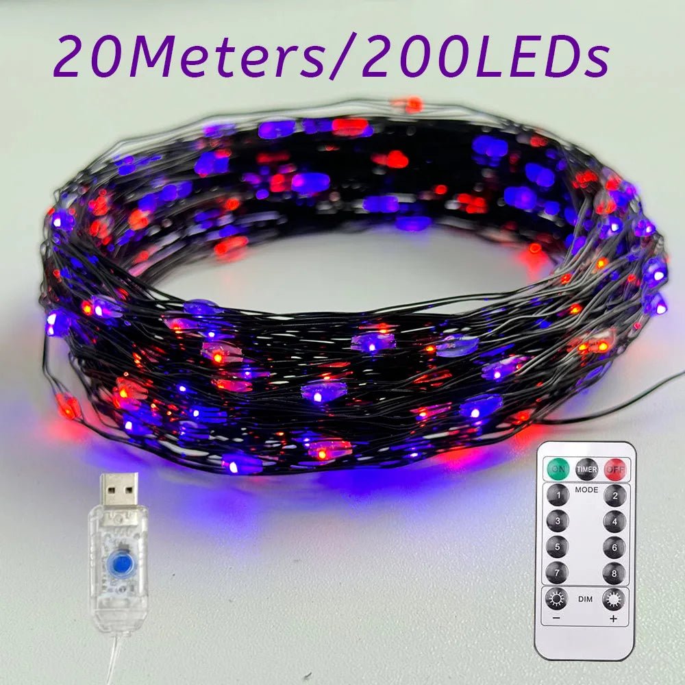 10/20M LED Orange Purple Halloween Garland Outdoor Garden Decoration USB 8 Modes Lighting Black Wire for Halloween Decorations - drollido