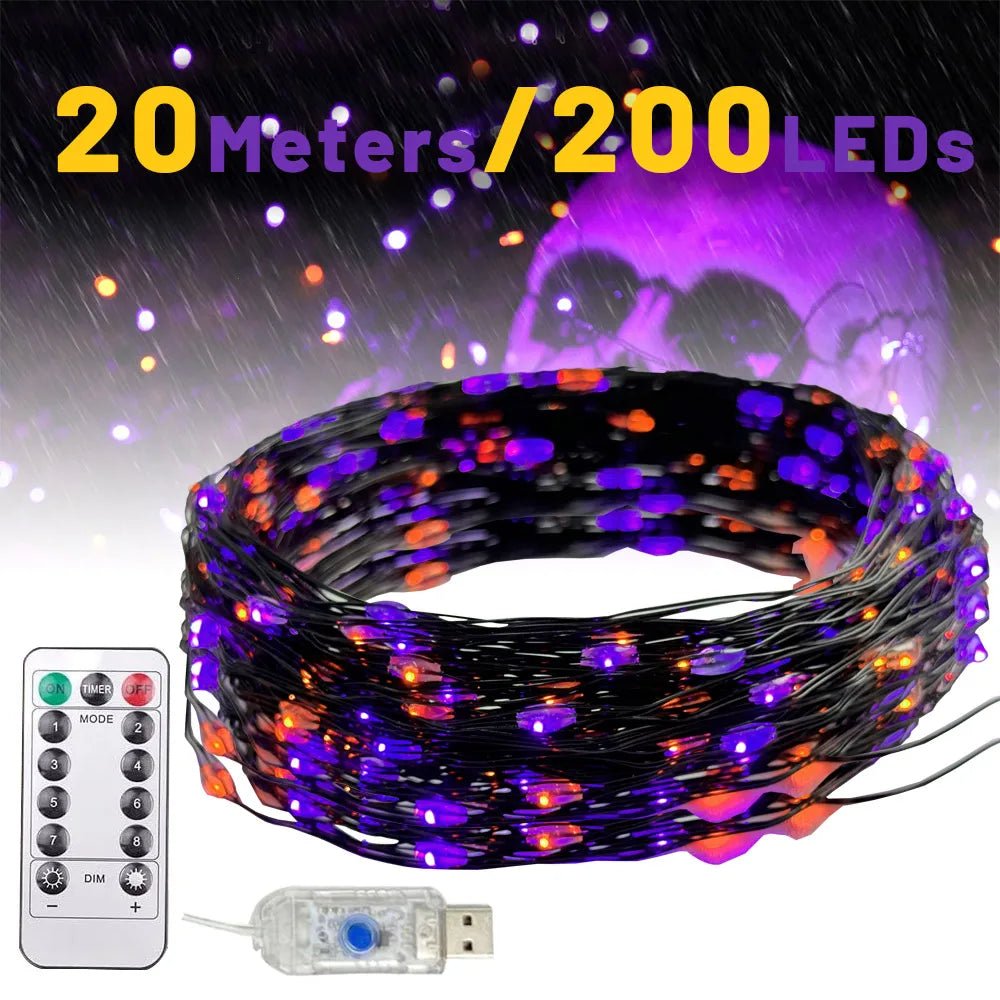 10/20M LED Orange Purple Halloween Garland Outdoor Garden Decoration USB 8 Modes Lighting Black Wire for Halloween Decorations - drollido