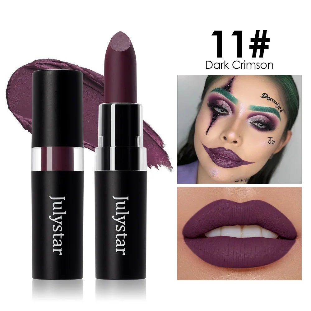 12 Colors Waterproof Blue Matte Lipstick Makeup Green Black Lipstick Long - lasting Purple Lip Stick Halloween Cosmetics for Women - drollido