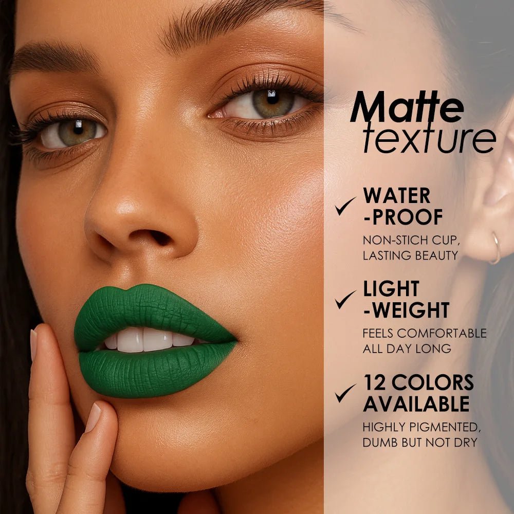 12 Colors Waterproof Blue Matte Lipstick Makeup Green Black Lipstick Long - lasting Purple Lip Stick Halloween Cosmetics for Women - drollido