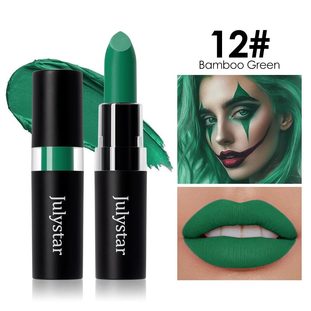 12 Colors Waterproof Blue Matte Lipstick Makeup Green Black Lipstick Long - lasting Purple Lip Stick Halloween Cosmetics for Women - drollido