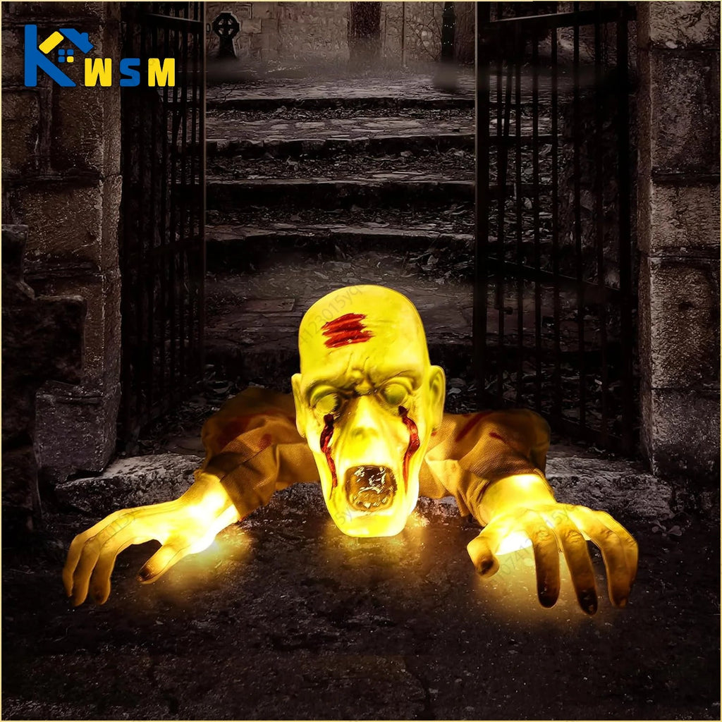 1PC Halloween Creepy Ghost Horror Ornament Glowing Skeleton Ground Plug Hands Set Warm Light Skeleton Decoration Street Lamp - drollido