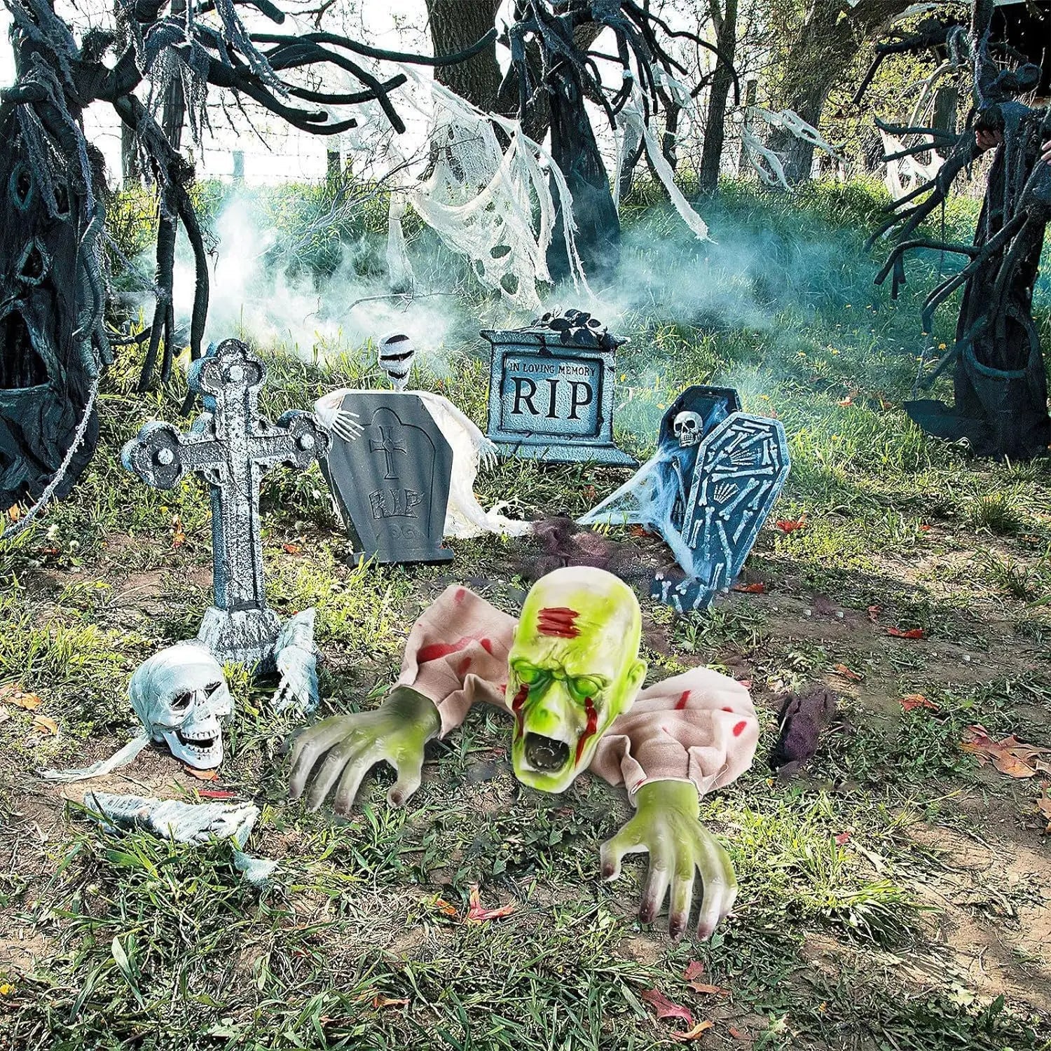 1PC Halloween Creepy Ghost Horror Ornament Glowing Skeleton Ground Plug Hands Set Warm Light Skeleton Decoration Street Lamp - drollido