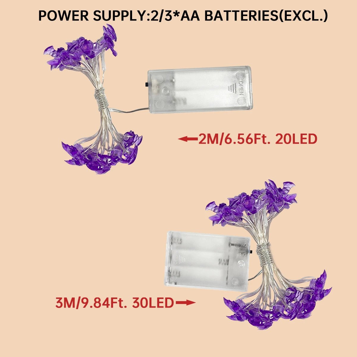 1pc Halloween Purple Bat 20/30LED String Light White Lights Battery Powered For Halloween Partie Garden Indoor Outdoor Decor - drollido