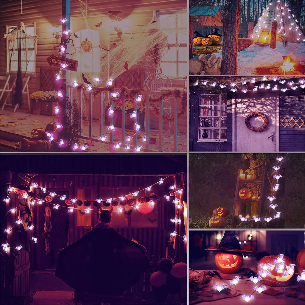 1pc Halloween Purple Bat 20/30LED String Light White Lights Battery Powered For Halloween Partie Garden Indoor Outdoor Decor - drollido