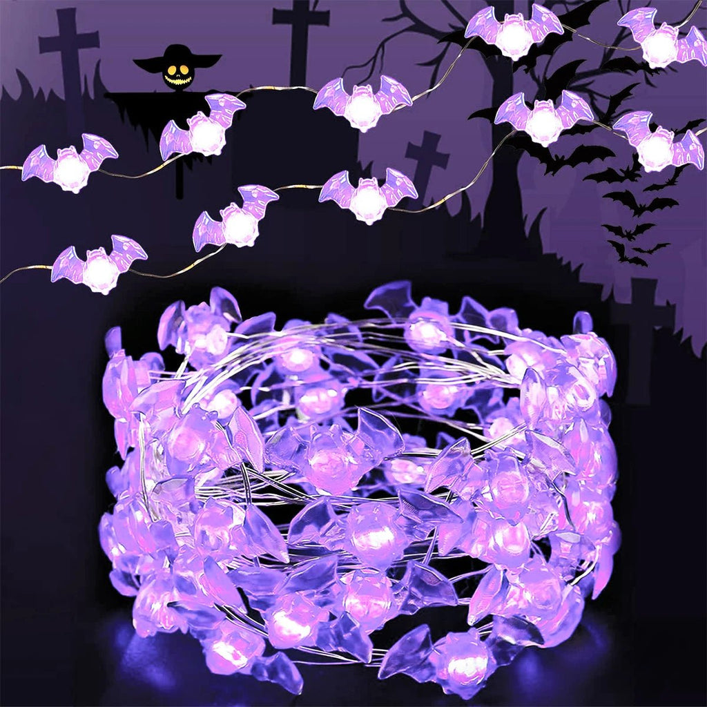 1pc Halloween Purple Bat 20/30LED String Light White Lights Battery Powered For Halloween Partie Garden Indoor Outdoor Decor - drollido