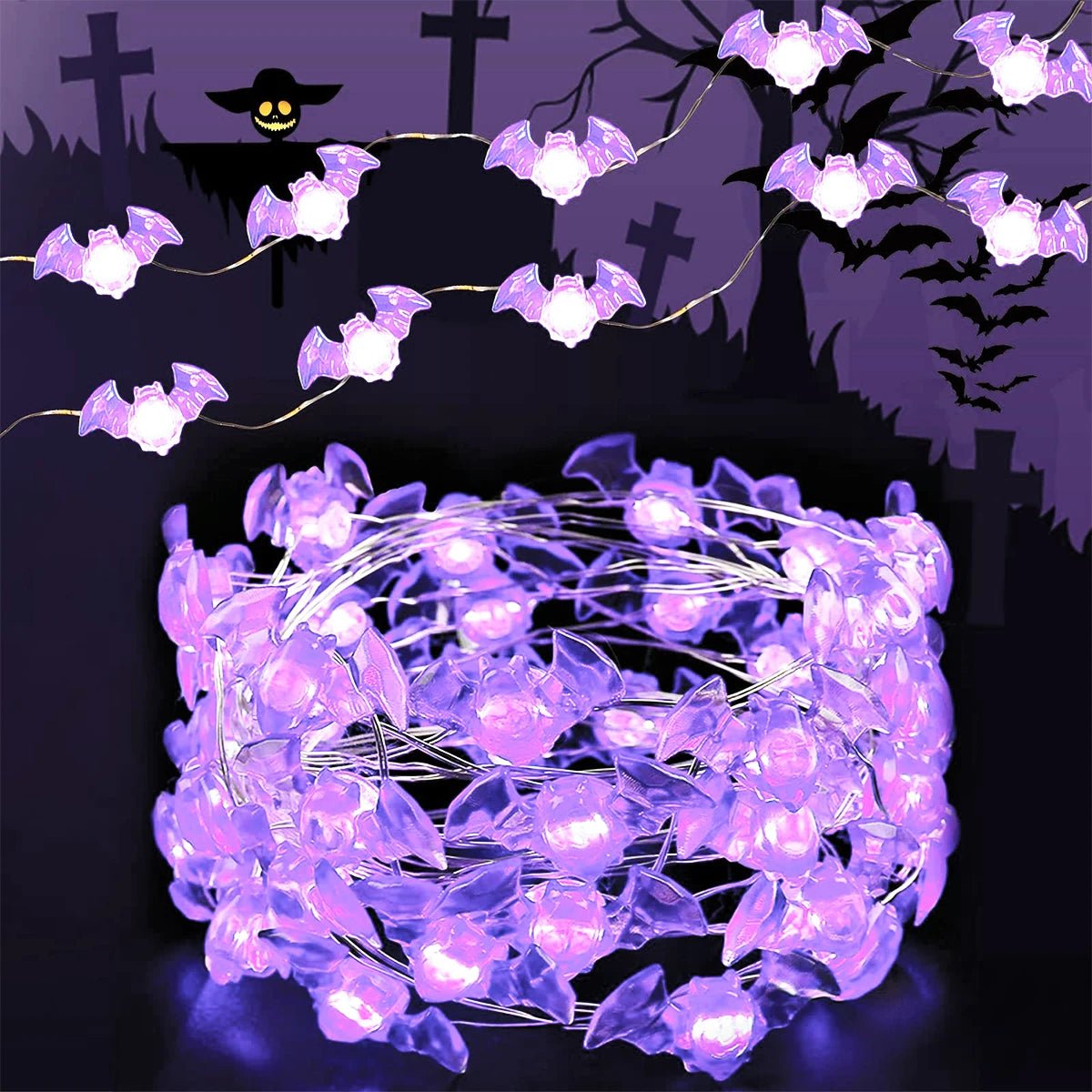 1pc Halloween Purple Bat 20/30LED String Light White Lights Battery Powered For Halloween Partie Garden Indoor Outdoor Decor - drollido