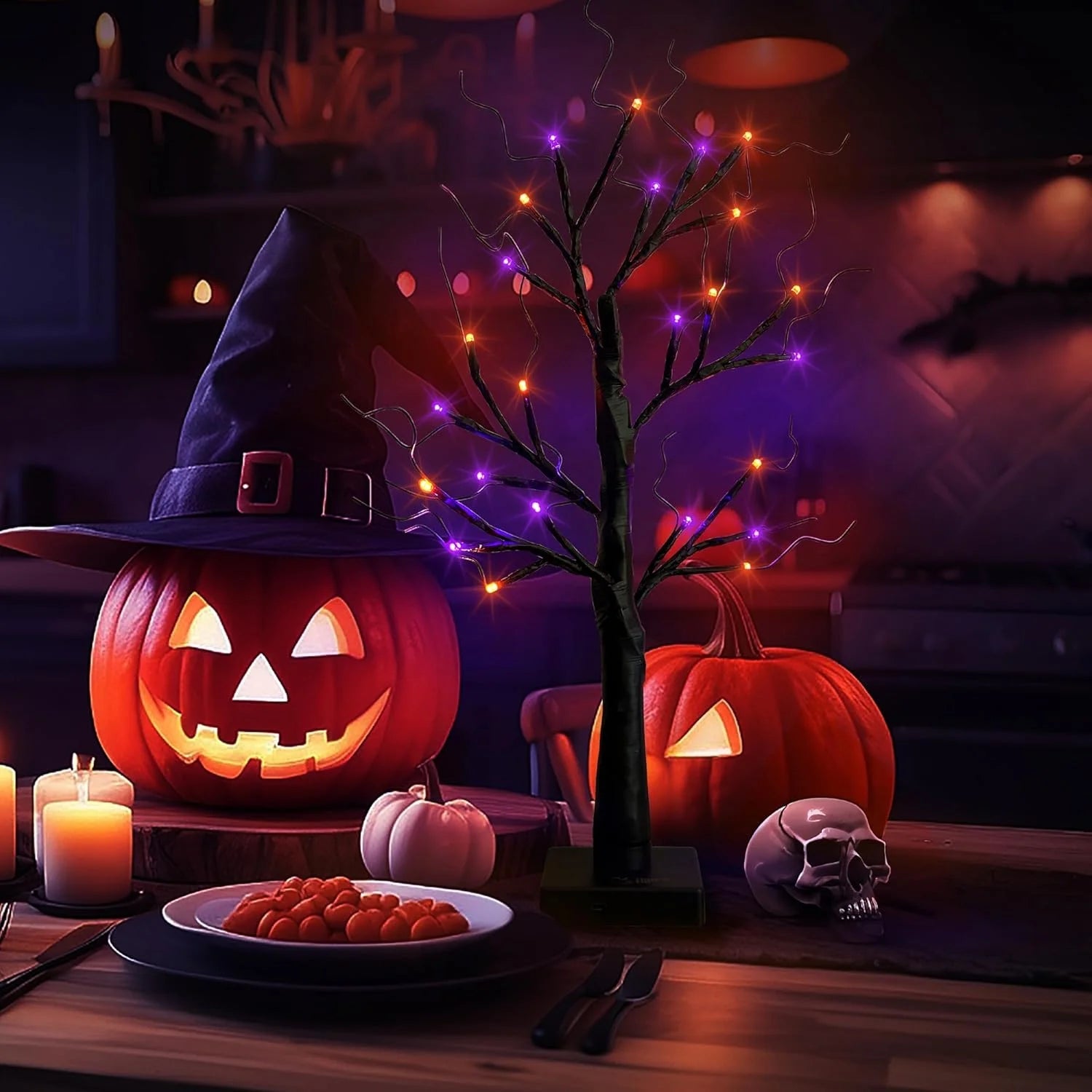 1pc Orange/Purple Glowing Halloween Birch Tree Light with 24L Black Branch Table Lamp Battery&USB For Indoor Holiday Decoration - drollido