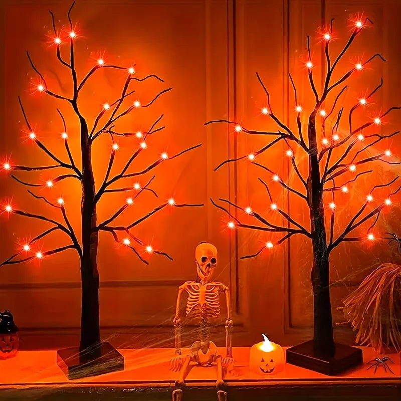 1pc Orange/Purple Glowing Halloween Birch Tree Light with 24L Black Branch Table Lamp Battery&USB For Indoor Holiday Decoration - drollido