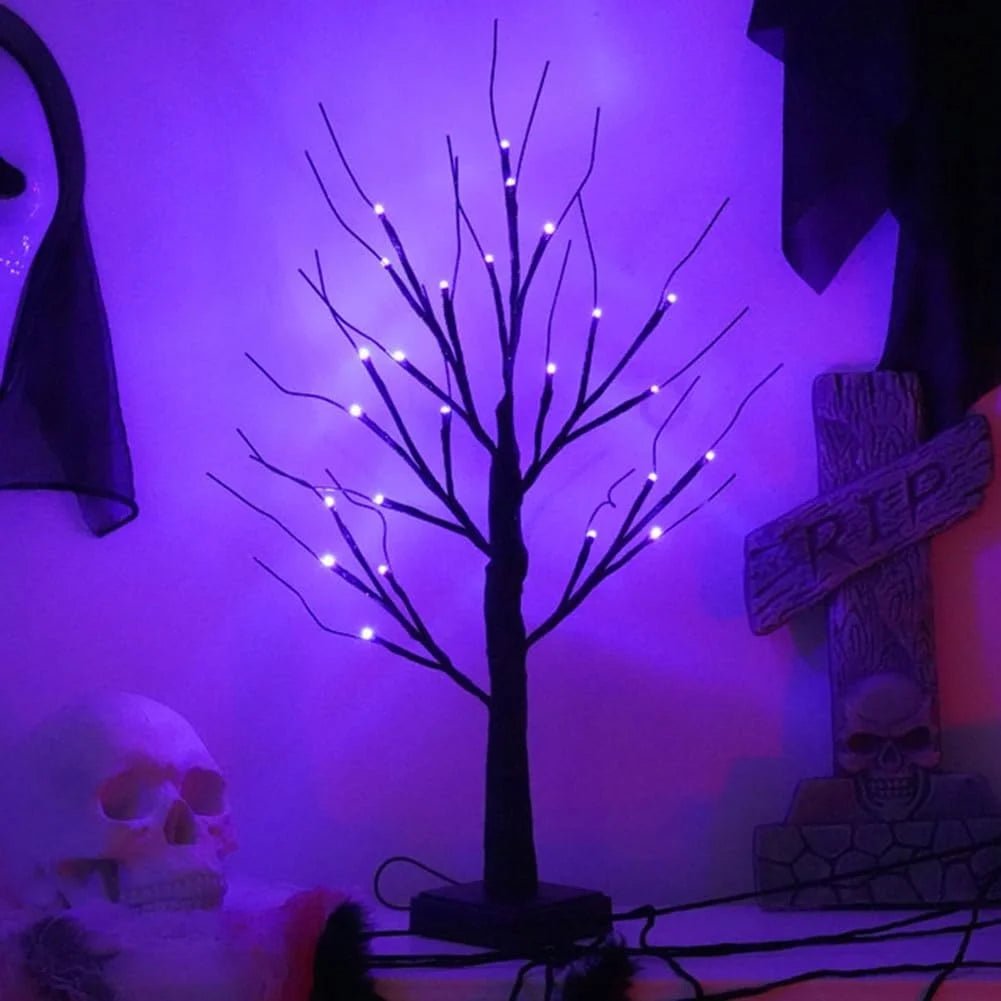 1pc Orange/Purple Glowing Halloween Birch Tree Light with 24L Black Branch Table Lamp Battery&USB For Indoor Holiday Decoration - drollido