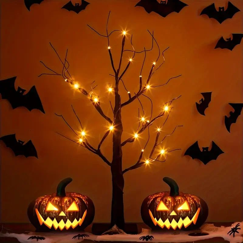 1pc Orange/Purple Glowing Halloween Birch Tree Light with 24L Black Branch Table Lamp Battery&USB For Indoor Holiday Decoration - drollido