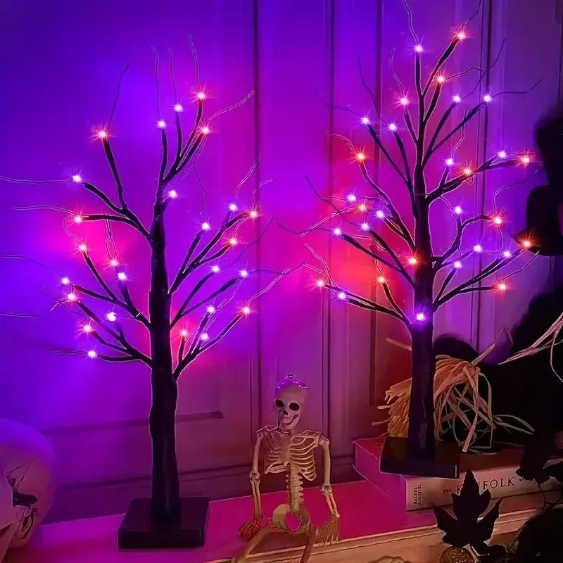 1pc Orange/Purple Glowing Halloween Birch Tree Light with 24L Black Branch Table Lamp Battery&USB For Indoor Holiday Decoration - drollido