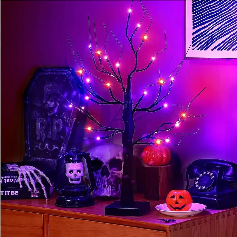 1pc Orange/Purple Glowing Halloween Birch Tree Light with 24L Black Branch Table Lamp Battery&USB For Indoor Holiday Decoration - drollido