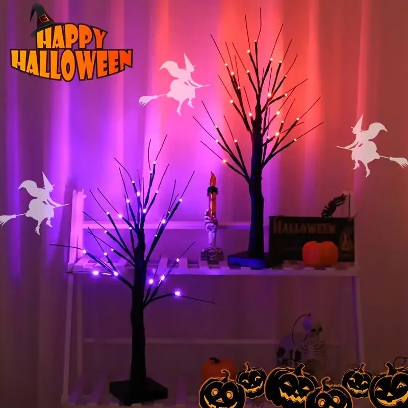 1pc Orange/Purple Glowing Halloween Birch Tree Light with 24L Black Branch Table Lamp Battery&USB For Indoor Holiday Decoration - drollido