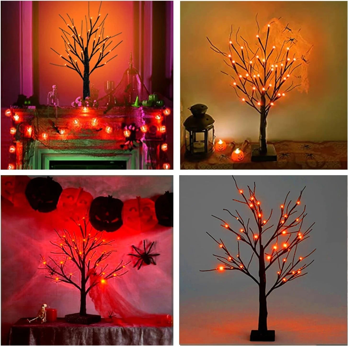 1pc Orange/Purple Glowing Halloween Birch Tree Light with 24L Black Branch Table Lamp Battery&USB For Indoor Holiday Decoration - drollido