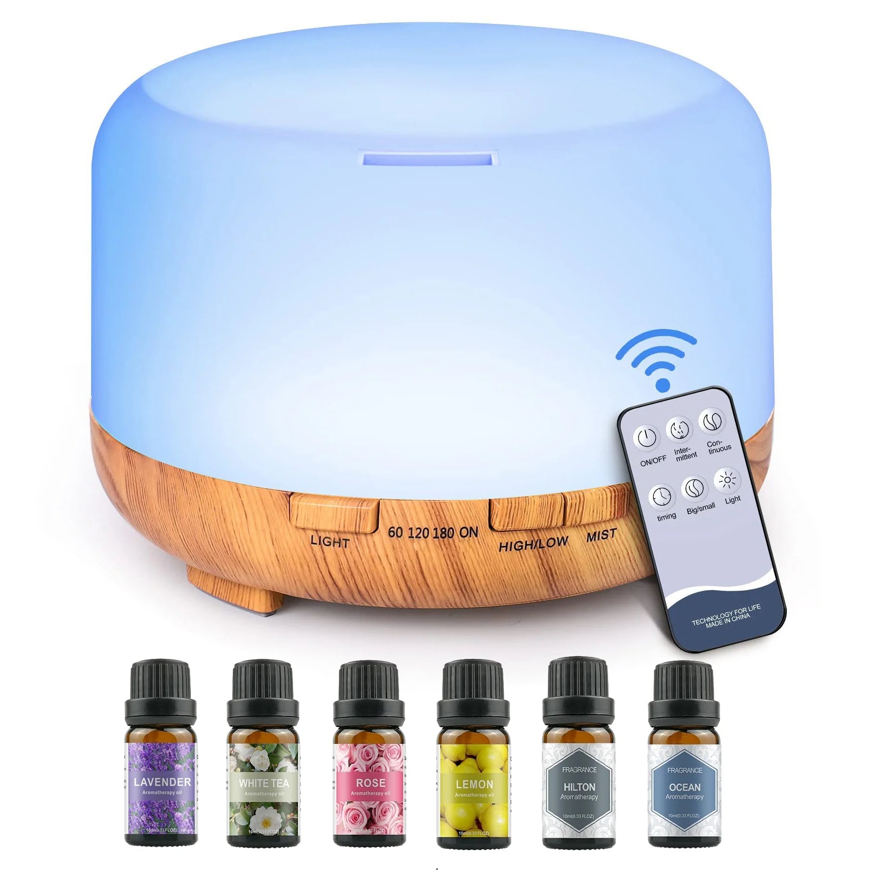 500ML Aromatherapy Oil Diffuser, Aroma Diffuser with 6 Bottle 10ML Essential Oil Set (Lavender/Rose/Jasmine/Lemon/Hilton/Ocean) - drollido