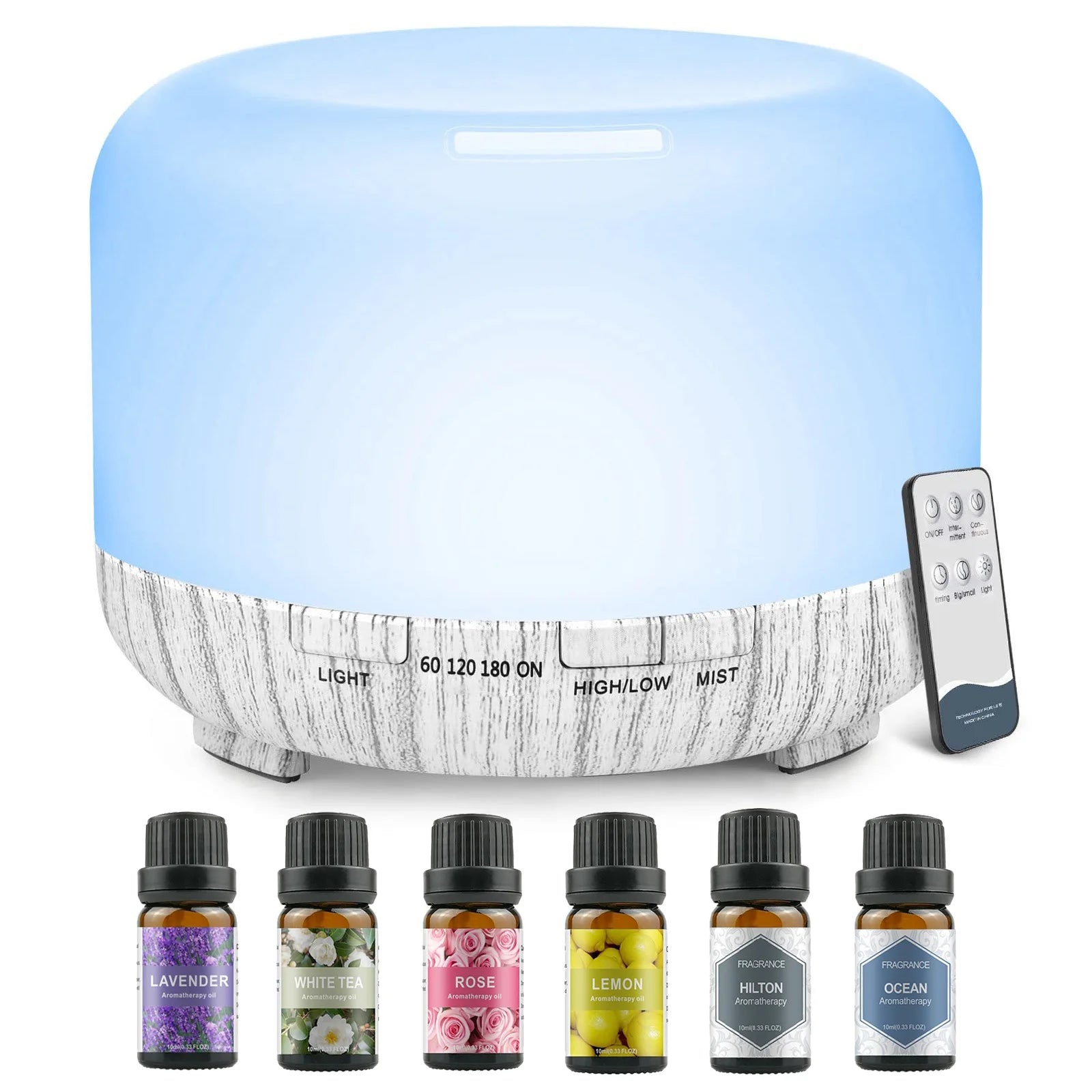 500ML Aromatherapy Oil Diffuser, Aroma Diffuser with 6 Bottle 10ML Essential Oil Set (Lavender/Rose/Jasmine/Lemon/Hilton/Ocean) - drollido