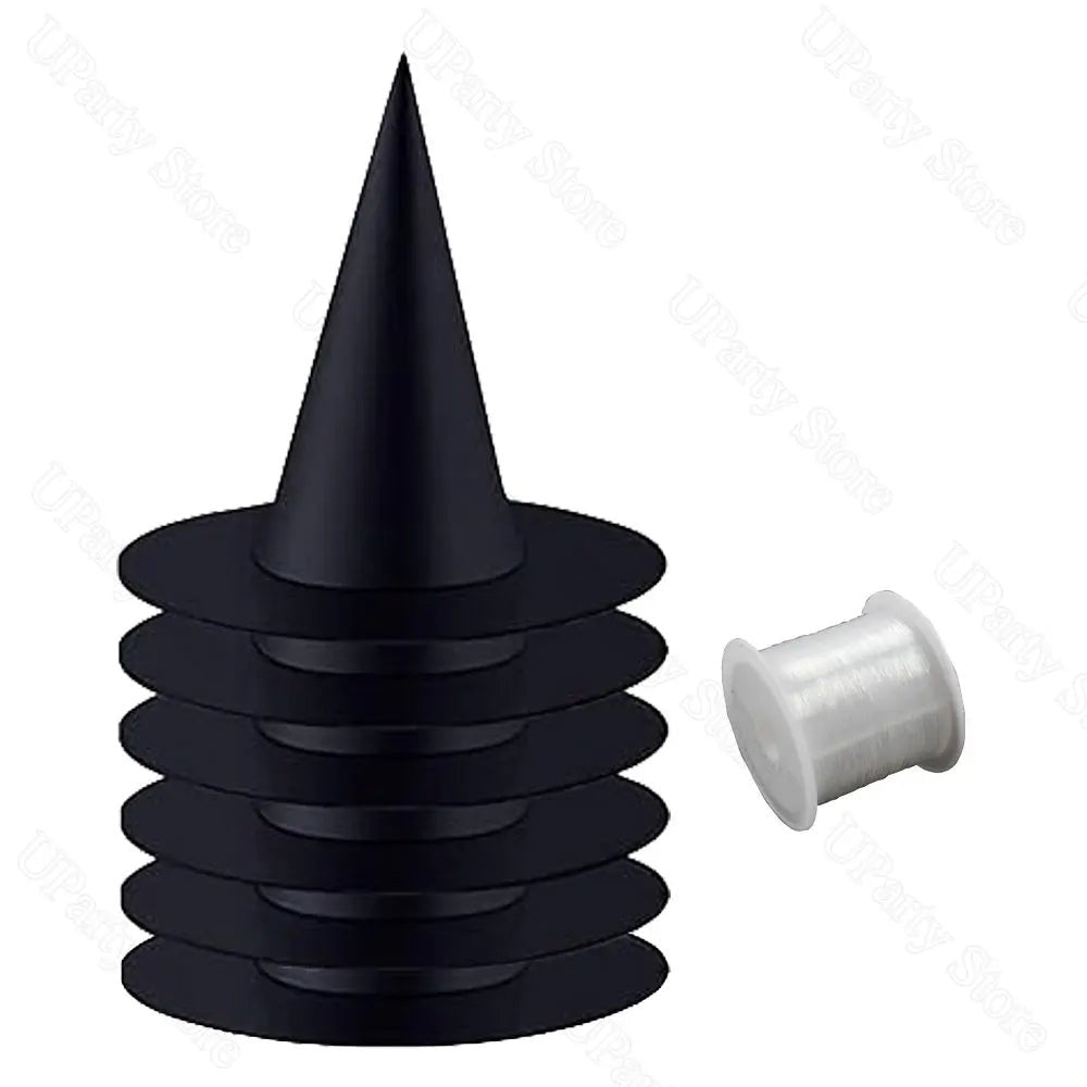 6/12Pcs Halloween Black Witches Hats with Rope Hanging Wizard Hats Bulk for Home Outdoor Porch Halloween Decoration Party Favor - drollido