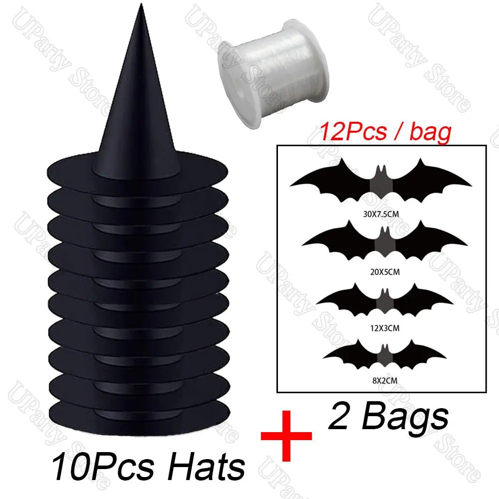 6/12Pcs Halloween Black Witches Hats with Rope Hanging Wizard Hats Bulk for Home Outdoor Porch Halloween Decoration Party Favor - drollido