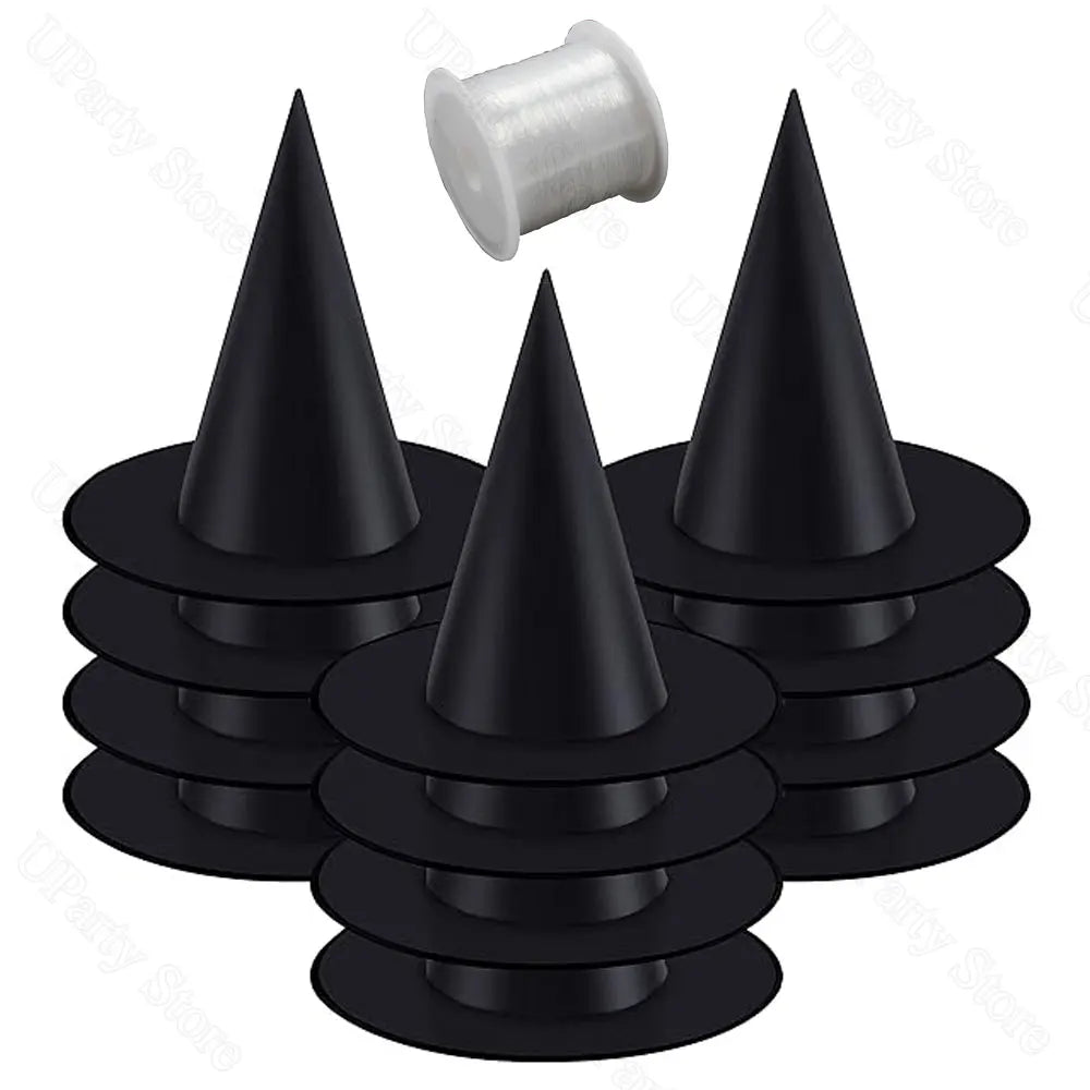 6/12Pcs Halloween Black Witches Hats with Rope Hanging Wizard Hats Bulk for Home Outdoor Porch Halloween Decoration Party Favor - drollido