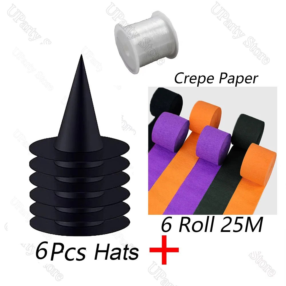 6/12Pcs Halloween Black Witches Hats with Rope Hanging Wizard Hats Bulk for Home Outdoor Porch Halloween Decoration Party Favor - drollido