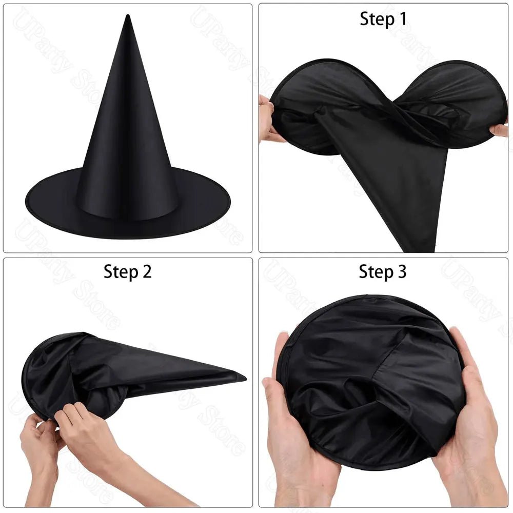 6/12Pcs Halloween Black Witches Hats with Rope Hanging Wizard Hats Bulk for Home Outdoor Porch Halloween Decoration Party Favor - drollido