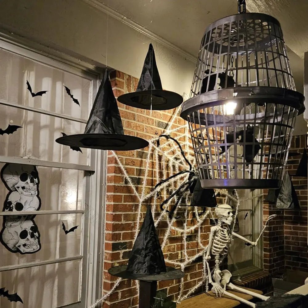 6/12Pcs Halloween Black Witches Hats with Rope Hanging Wizard Hats Bulk for Home Outdoor Porch Halloween Decoration Party Favor - drollido