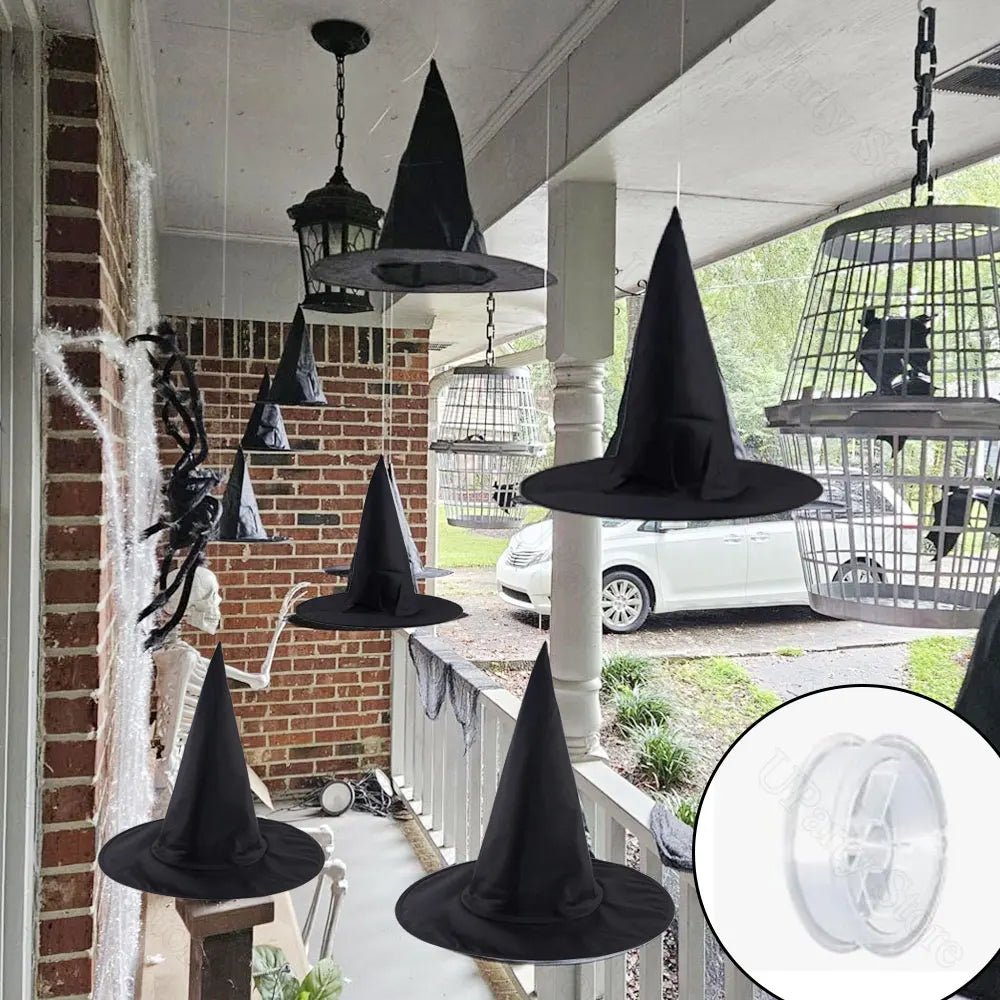 6/12Pcs Halloween Black Witches Hats with Rope Hanging Wizard Hats Bulk for Home Outdoor Porch Halloween Decoration Party Favor - drollido