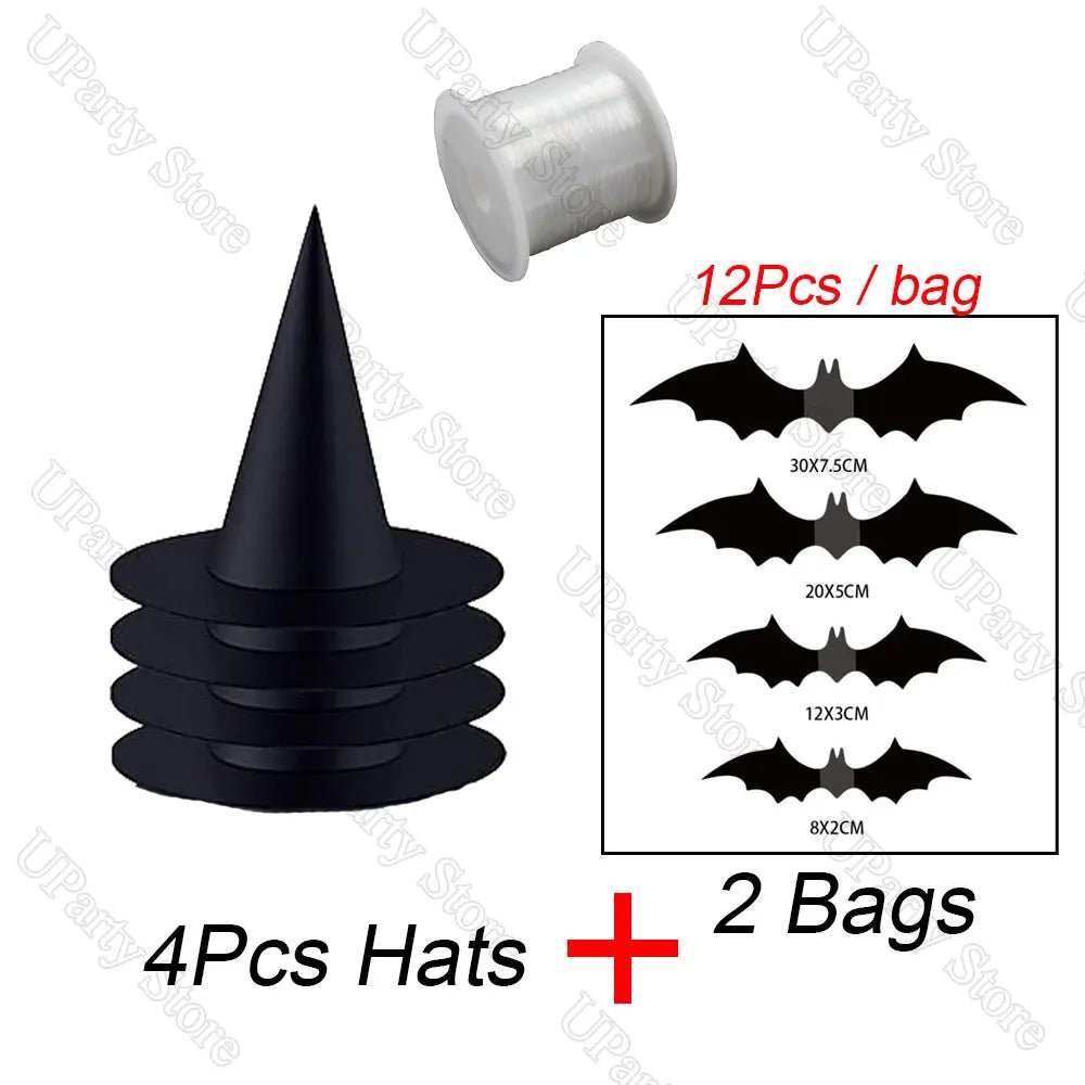 6/12Pcs Halloween Black Witches Hats with Rope Hanging Wizard Hats Bulk for Home Outdoor Porch Halloween Decoration Party Favor - drollido