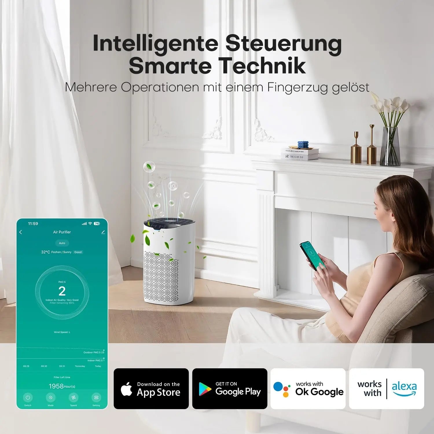 AROEVE Air Purifier App Voice Control Wifi 300 m³/h, for Rooms 80 - 120㎡,Fragrance, Auto Mode, Prevents Pollen, Dust and Pet Hair - drollido
