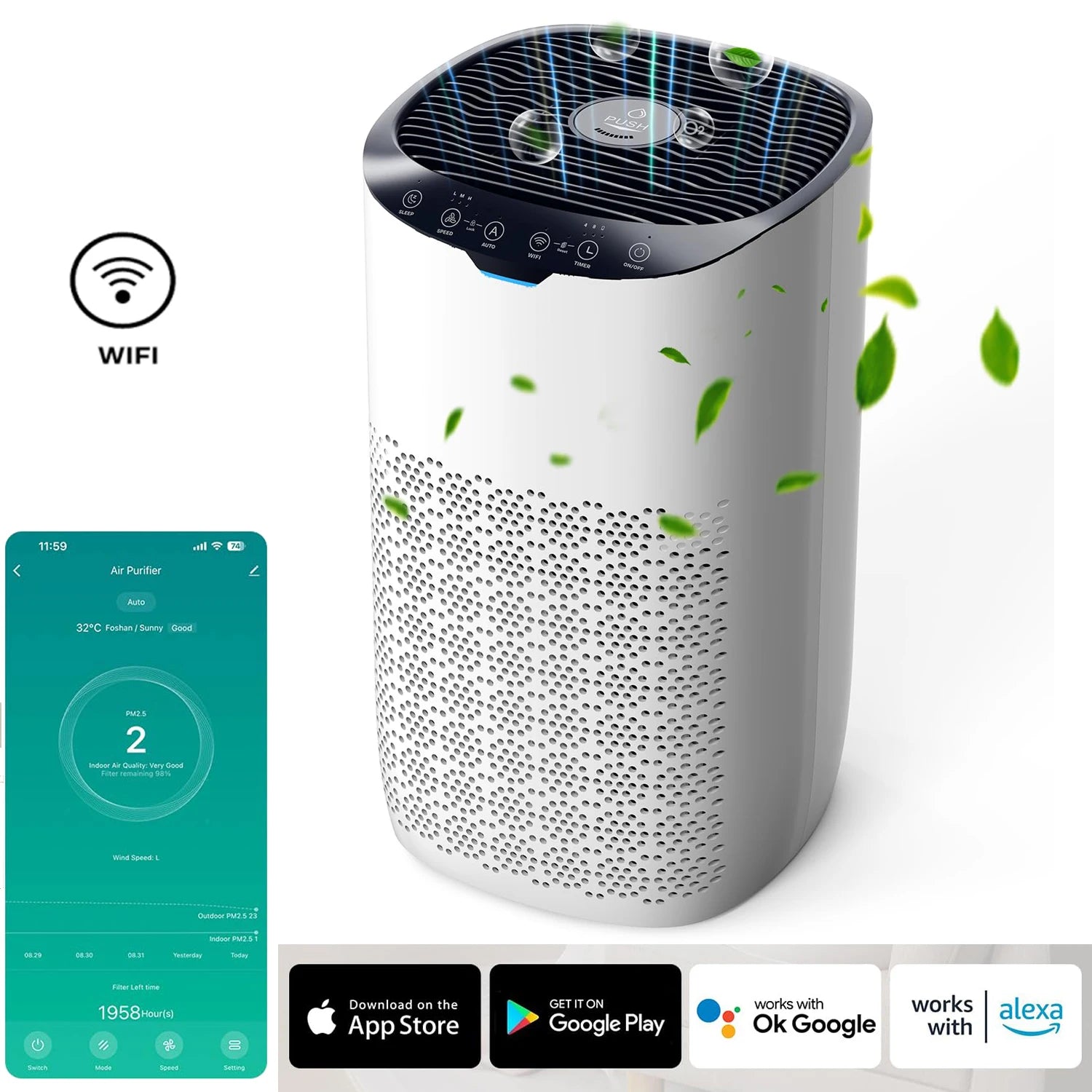 AROEVE Air Purifier App Voice Control Wifi 300 m³/h, for Rooms 80 - 120㎡,Fragrance, Auto Mode, Prevents Pollen, Dust and Pet Hair - drollido