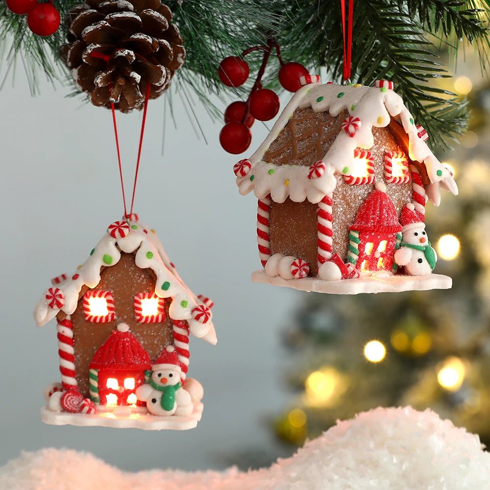 Christmas Theme LED Pendant Snowman Gingerbread Santa Claus Light House Soft Pottery Hanging Tree Home New Year Party Decoration - drollido