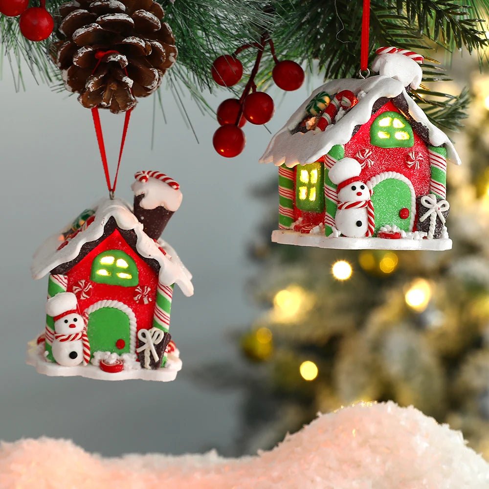 Christmas Theme LED Pendant Snowman Gingerbread Santa Claus Light House Soft Pottery Hanging Tree Home New Year Party Decoration - drollido