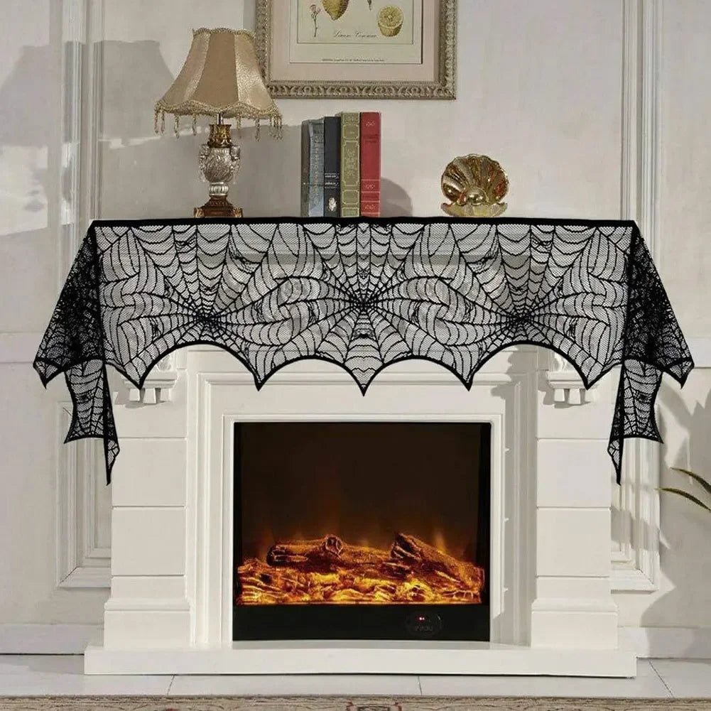Creative Black Lace Tablecloth, Halloween Tablecloth, Spider Web Fabric, Fireplace Scarf, Household Items, Home Decor - drollido