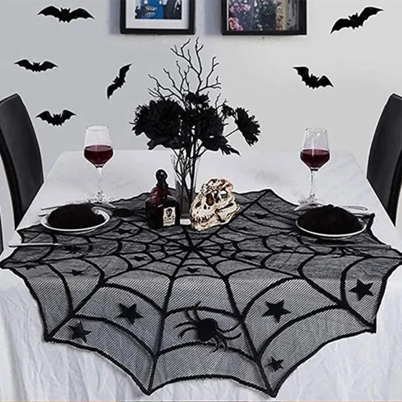 Creative Black Lace Tablecloth, Halloween Tablecloth, Spider Web Fabric, Fireplace Scarf, Household Items, Home Decor - drollido