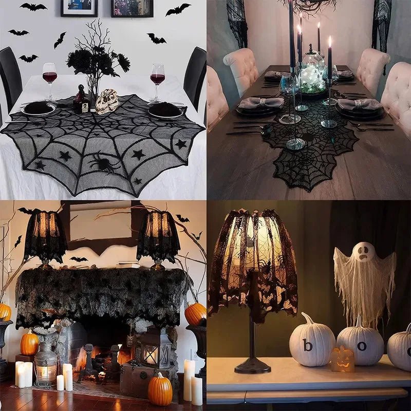 Creative Black Lace Tablecloth, Halloween Tablecloth, Spider Web Fabric, Fireplace Scarf, Household Items, Home Decor - drollido