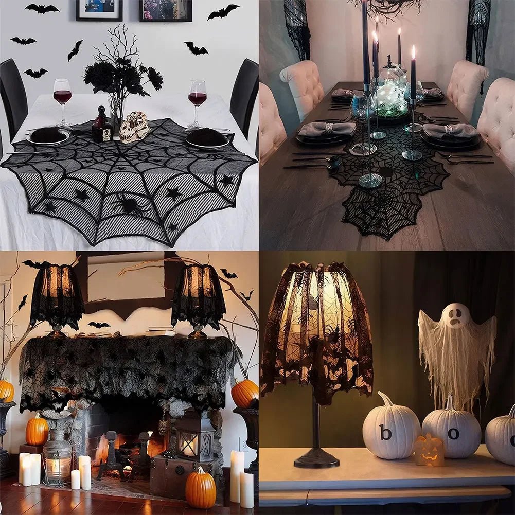 Creative Black Lace Tablecloth, Halloween Tablecloth, Spider Web Fabric, Fireplace Scarf, Household Items, Home Decor - drollido
