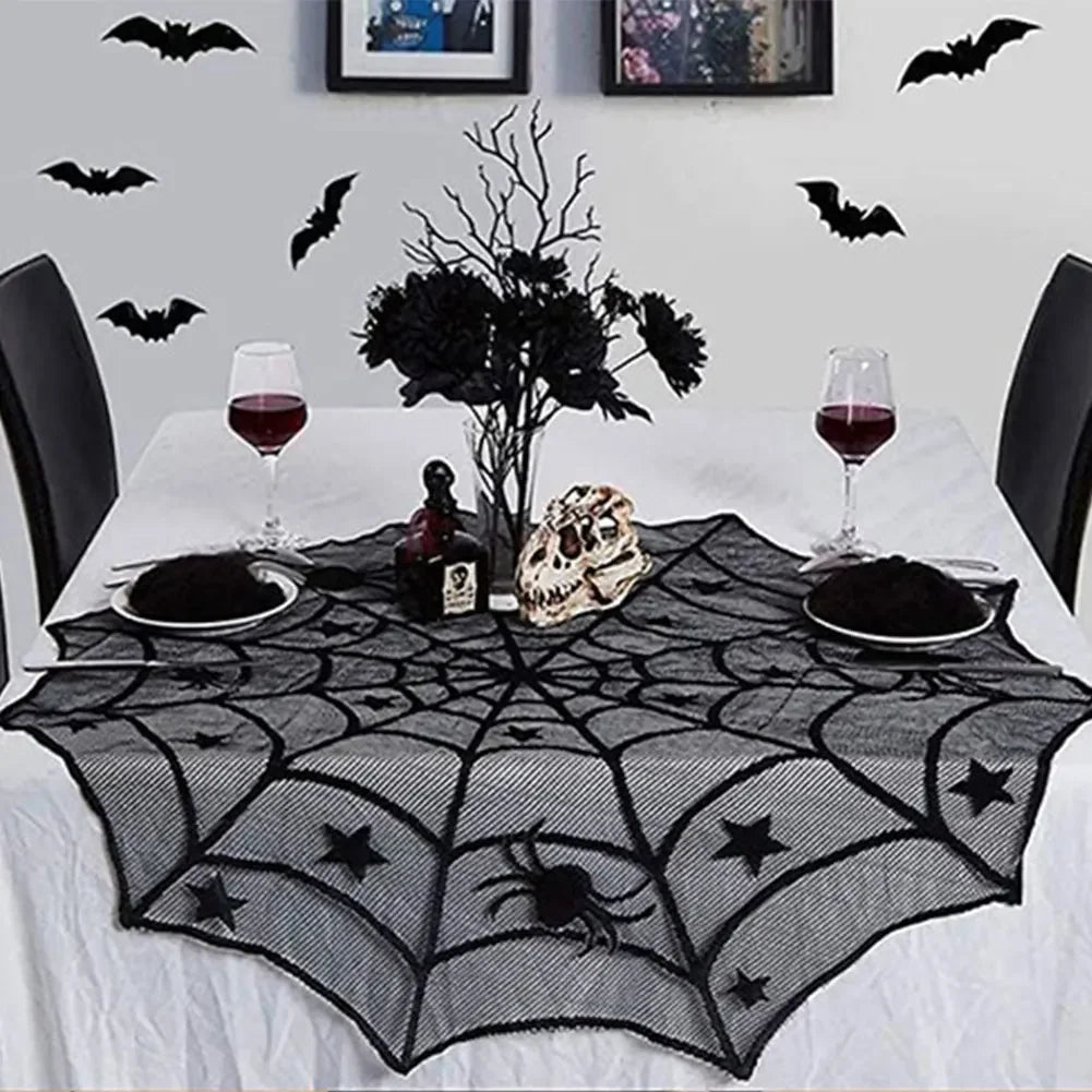 Creative Black Lace Tablecloth, Halloween Tablecloth, Spider Web Fabric, Fireplace Scarf, Household Items, Home Decor - drollido