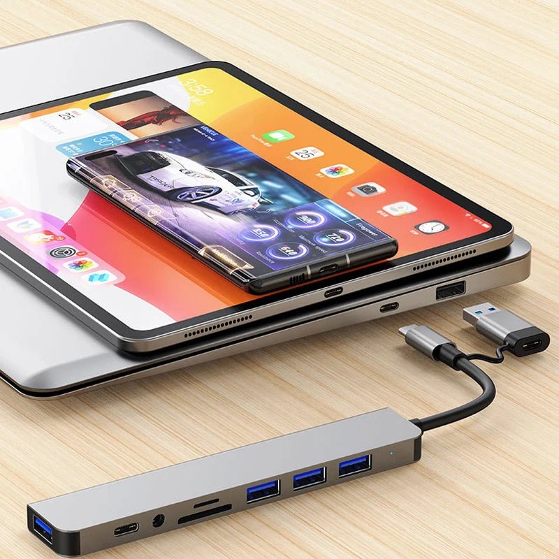 Docking station HUB USB + tipo C 8 in 2 con adattatore jack audio da 3,5 mm Lettore di schede Micro SD Convertitore disco per telefono tablet portatile - drollido
