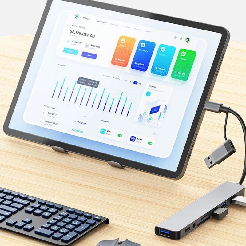 Docking station HUB USB + tipo C 8 in 2 con adattatore jack audio da 3,5 mm Lettore di schede Micro SD Convertitore disco per telefono tablet portatile - drollido
