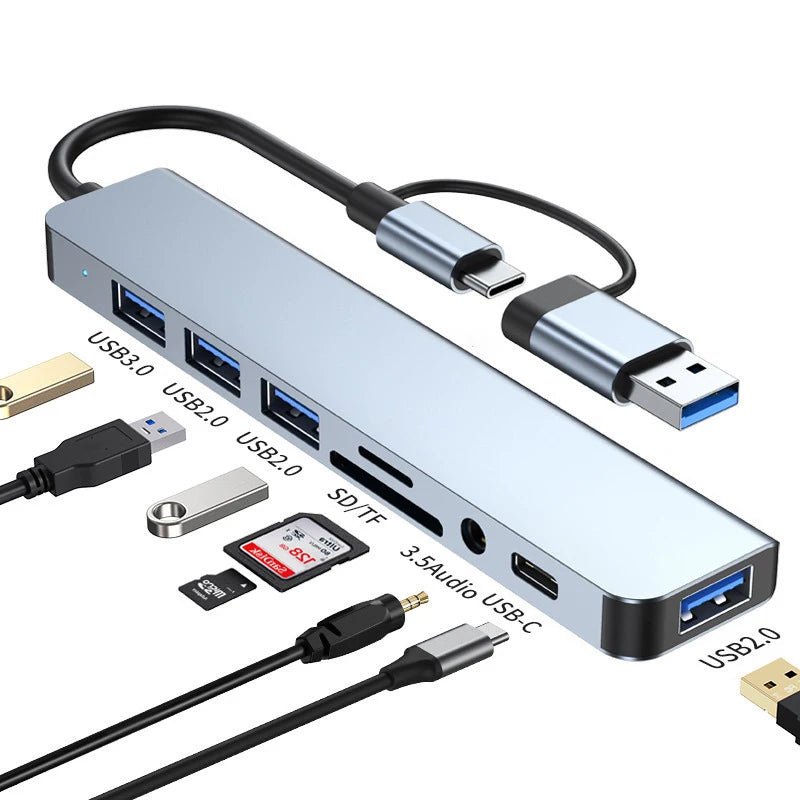 Docking station HUB USB + tipo C 8 in 2 con adattatore jack audio da 3,5 mm Lettore di schede Micro SD Convertitore disco per telefono tablet portatile - drollido