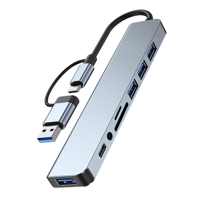 Docking station HUB USB + tipo C 8 in 2 con adattatore jack audio da 3,5 mm Lettore di schede Micro SD Convertitore disco per telefono tablet portatile - drollido