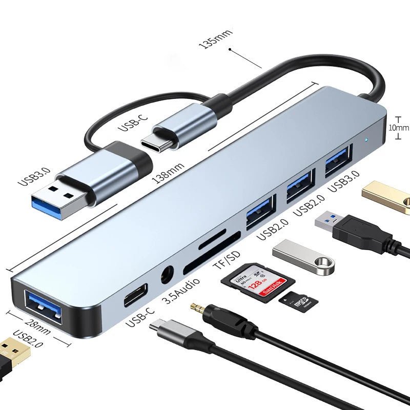 Docking station HUB USB + tipo C 8 in 2 con adattatore jack audio da 3,5 mm Lettore di schede Micro SD Convertitore disco per telefono tablet portatile - drollido