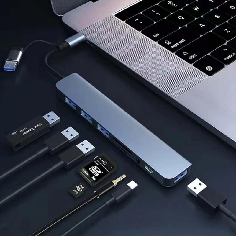 Docking station HUB USB + tipo C 8 in 2 con adattatore jack audio da 3,5 mm Lettore di schede Micro SD Convertitore disco per telefono tablet portatile - drollido