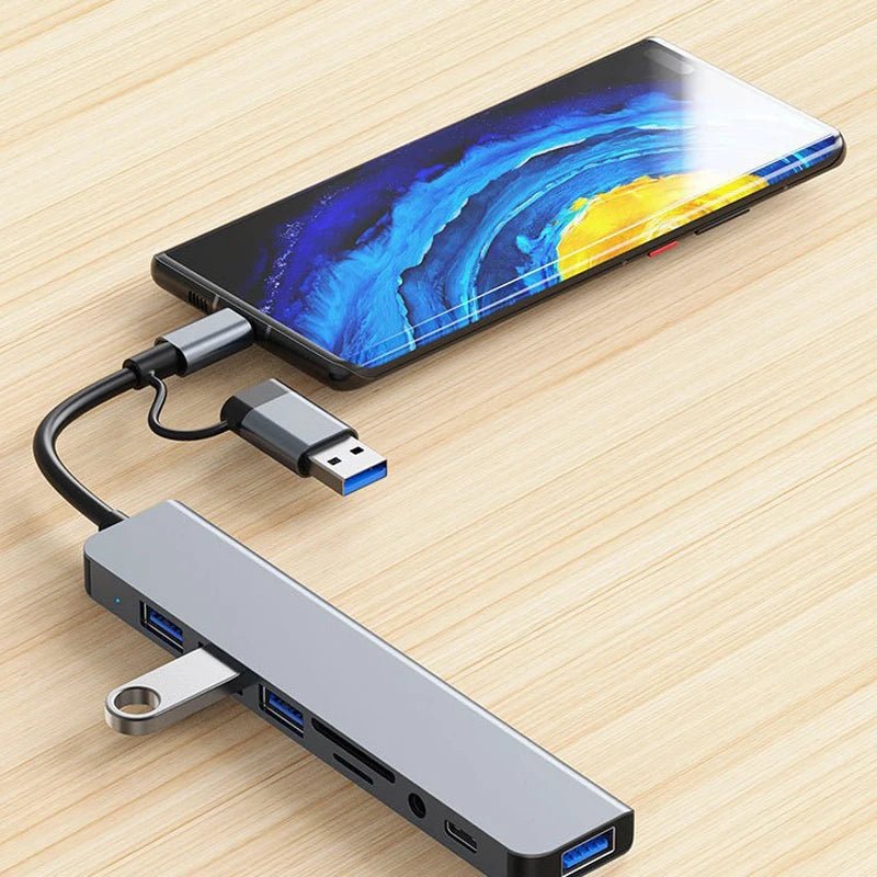 Docking station HUB USB + tipo C 8 in 2 con adattatore jack audio da 3,5 mm Lettore di schede Micro SD Convertitore disco per telefono tablet portatile - drollido