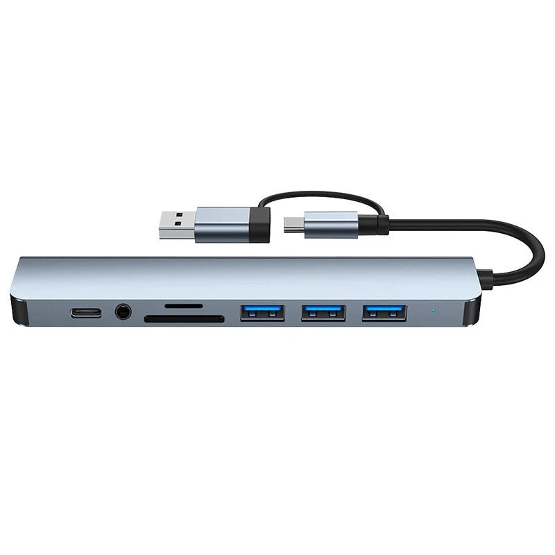 Docking station HUB USB + tipo C 8 in 2 con adattatore jack audio da 3,5 mm Lettore di schede Micro SD Convertitore disco per telefono tablet portatile - drollido