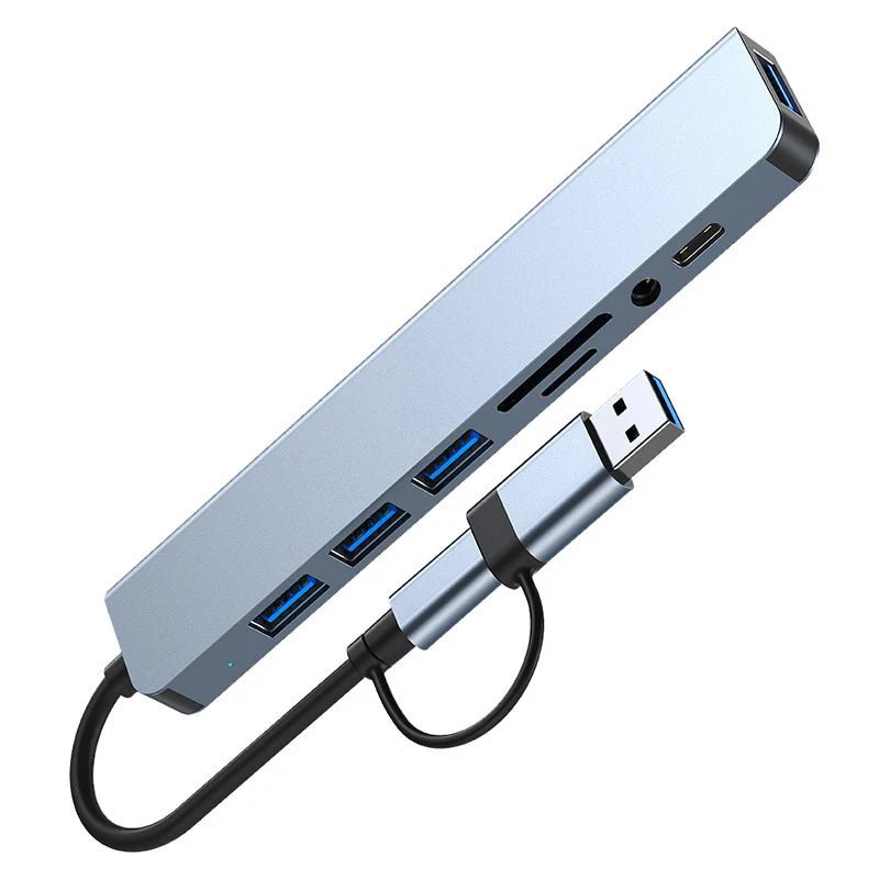 Docking station HUB USB + tipo C 8 in 2 con adattatore jack audio da 3,5 mm Lettore di schede Micro SD Convertitore disco per telefono tablet portatile - drollido