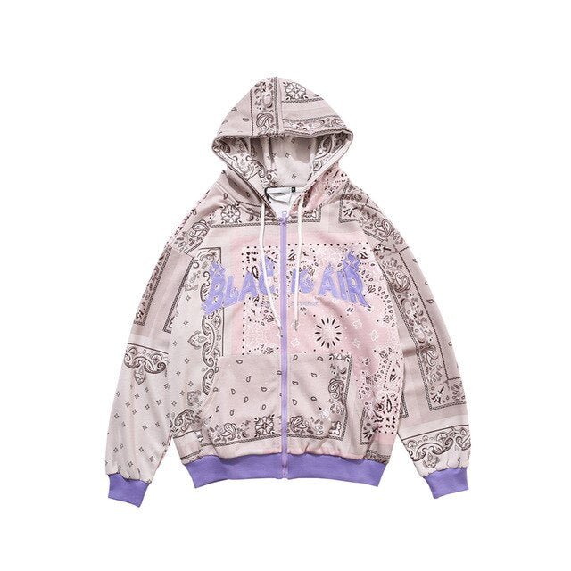 Full Zip Cashew Flowers Pink Hooded Sweatshirts Hoodies Men/women Harajuku Casual Patchwork Hoodie Hip Hop Cotton Tops